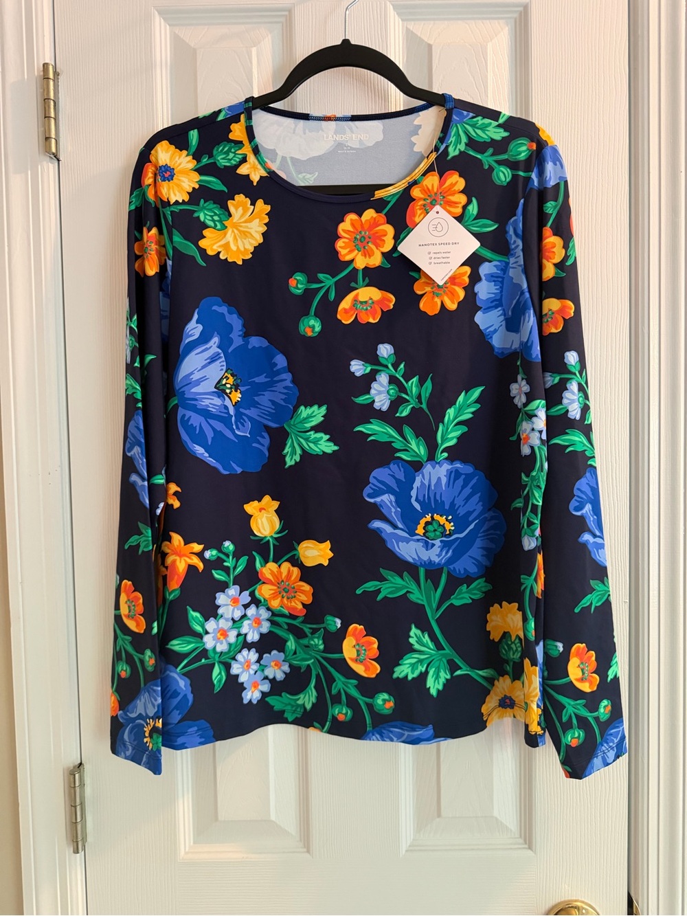 Lands' End Navy Long-Sleeve Crewneck Top with Bold Blue and Orange Floral Print